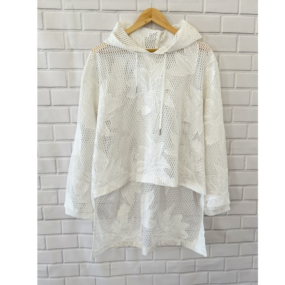 FP Movement Hoodie Large White Mesh Floral Embroidered High Low Pullover